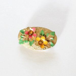 Vintage 50s Floral Brooch - Enamel Flower Gold Toned Brooch